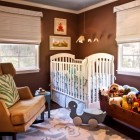 Детская, традиционный стиль, коричневая гамма, кресло-качалка, кроватка для младенца, место для игрушек