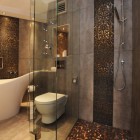 Ванная, стеклянный душ, золотой цвет, мозаичный пол