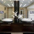 Ванная, современный интерьер, две раковины тарелки, большое зеркало, деревянная тумба, фото интерьера ванной