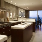 Кухня, современный интерьер, кухня остров, панорамное окно, точечное освещение, гнутые стулья, фото интерьера кухни