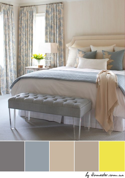 Цветовая гамма: спальня в пастельных оттенках (серый, бежевый, серо-голубой)
