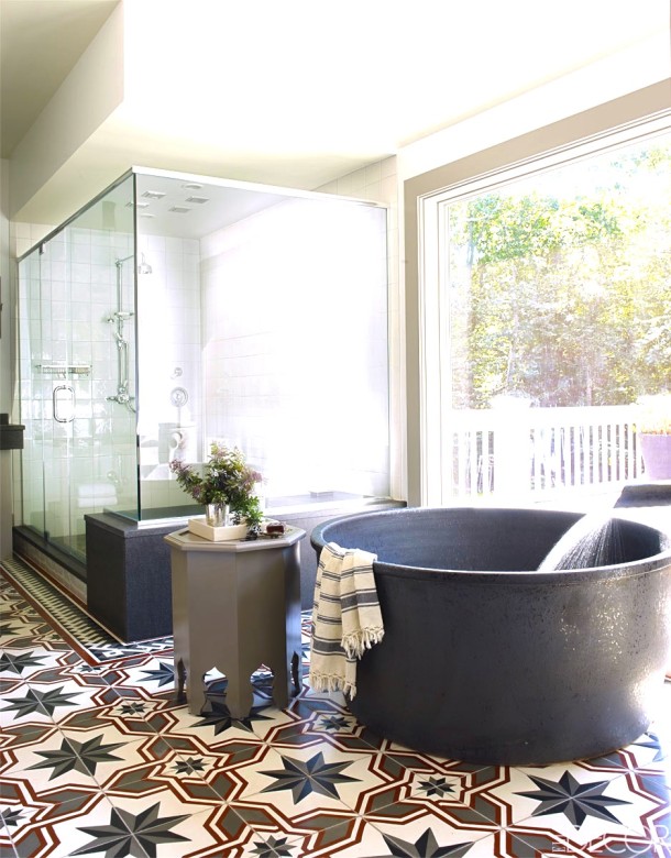 bathroom bath tub moroccan cement tile floor glass shower bobby flay cococoay