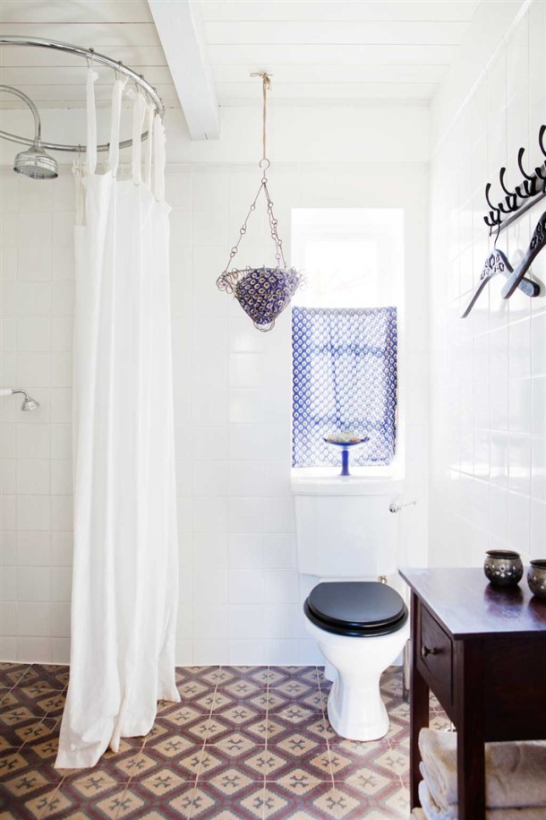 small bath bathroom shower all in one cement moroccan tile floors black seat toilet linen shower curtain cococozy