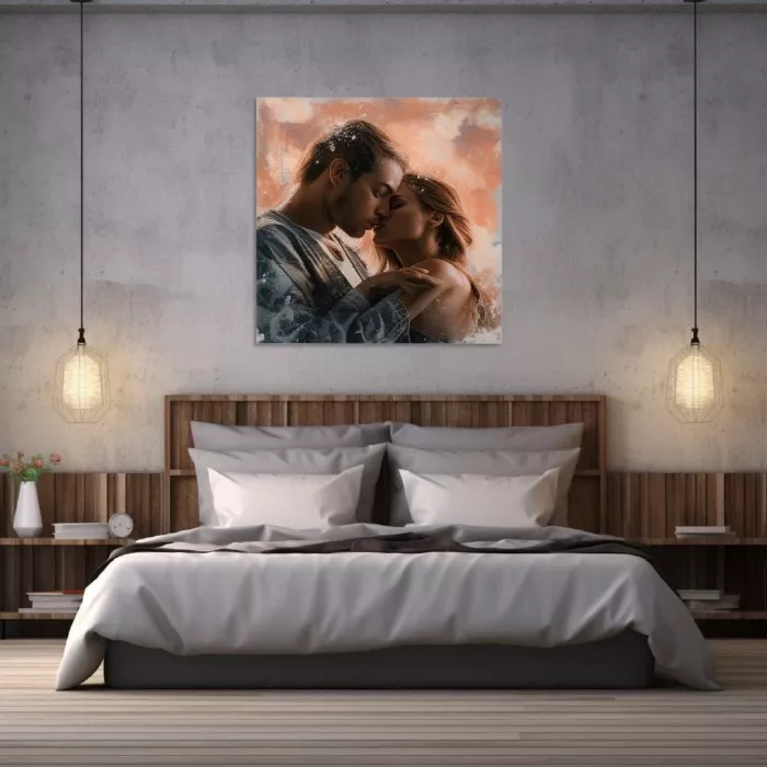 Картина изображающая влюбленную пару в интерьере спальни