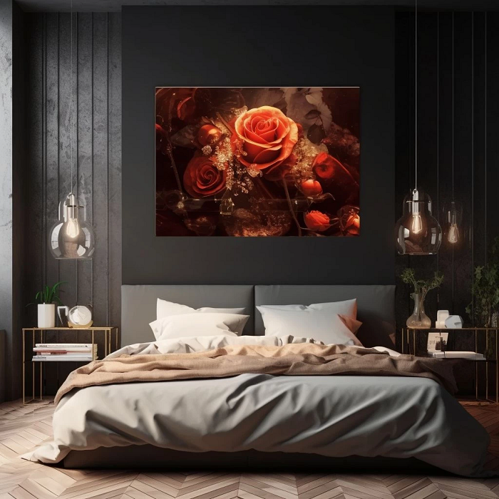 Полотно с шикарным розами в интерьере спальной комнаты