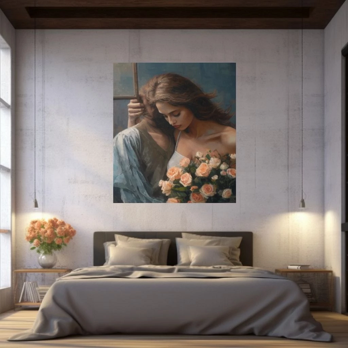 Картина в интерьере спальни изображающая объятия влюбленной пары